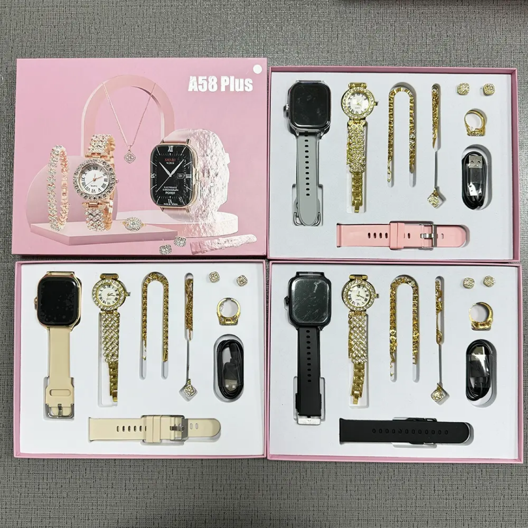 Full Luxury Women's Combo Set: Gold Stone-Studded Smartwatch & Analog Watch with Complete Matching Jewelry Set (Necklace, Earrings, Ring, Bracelet) & Spare Pink Strap