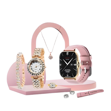 Full Luxury Women's Combo Set: Gold Stone-Studded Smartwatch & Analog Watch with Complete Matching Jewelry Set (Necklace, Earrings, Ring, Bracelet) & Spare Pink Strap