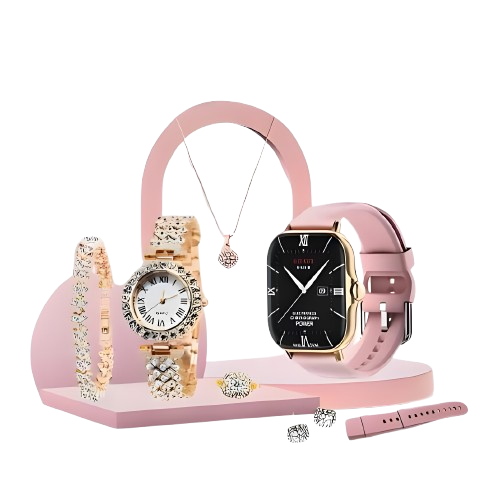 Full Luxury Women's Combo Set: Gold Stone-Studded Smartwatch & Analog Watch with Complete Matching Jewelry Set (Necklace, Earrings, Ring, Bracelet) & Spare Pink Strap