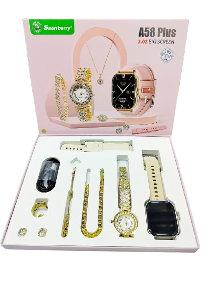 Full Luxury Women's Combo Set: Gold Stone-Studded Smartwatch & Analog Watch with Complete Matching Jewelry Set (Necklace, Earrings, Ring, Bracelet) & Spare Pink Strap
